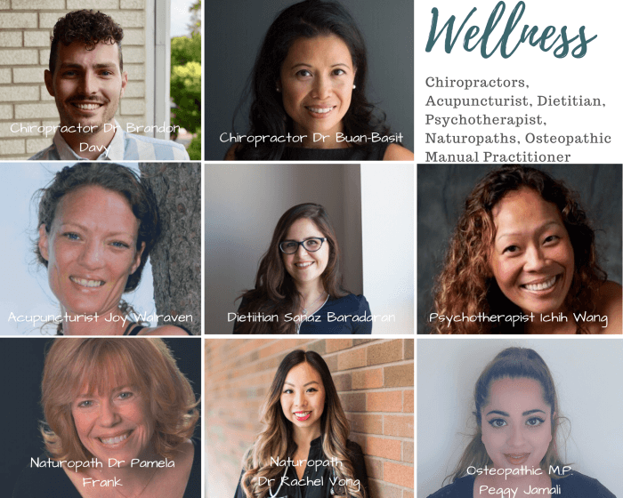 picture of a wellness clinic chiropractor, acupuncturist, dietitian, psychotherapist, naturopathic doctor and osteopath