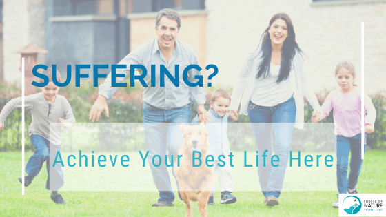 Picture of a happy, healthy, family with words that if you are suffering, our wellness professionals will help you live your best life when you visit our wellness clinic.